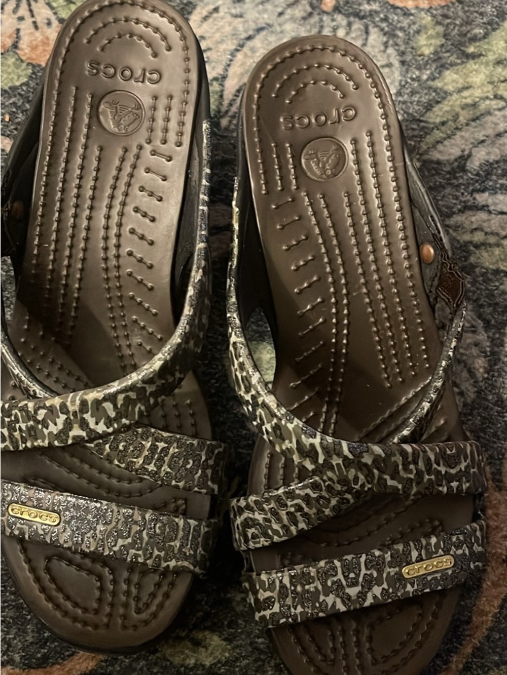 CROCS Brown and Cream Patterned Slide Sandals
